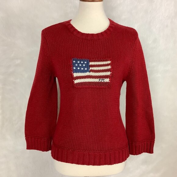 Ralph Lauren Sweaters - Vintage 80s 90s Ralph Lauren Polo Jeans Red Cotton American Flag Sweater